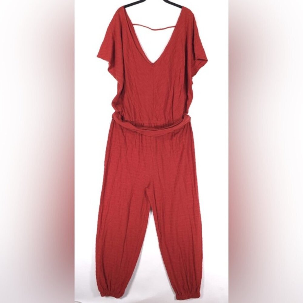 ANTHROPOLOGIE Jumpsuit Vneck Short Sleeve Tie Elastic Waist Jogger Leg LARGE
